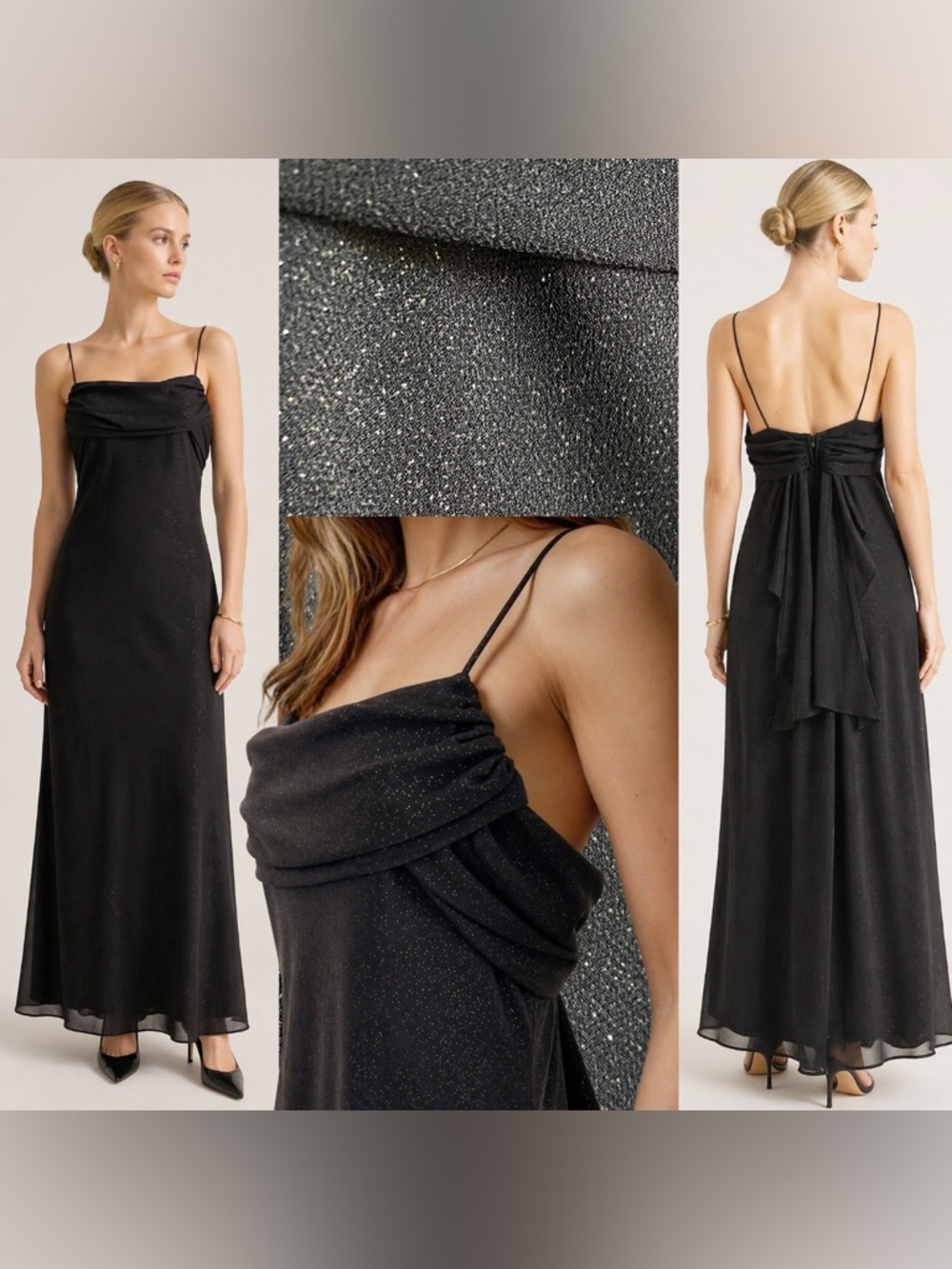 Betsy & Adam Glitter Black Maxi Dress Formal Draped Dark Romantic Whimsigoth 14